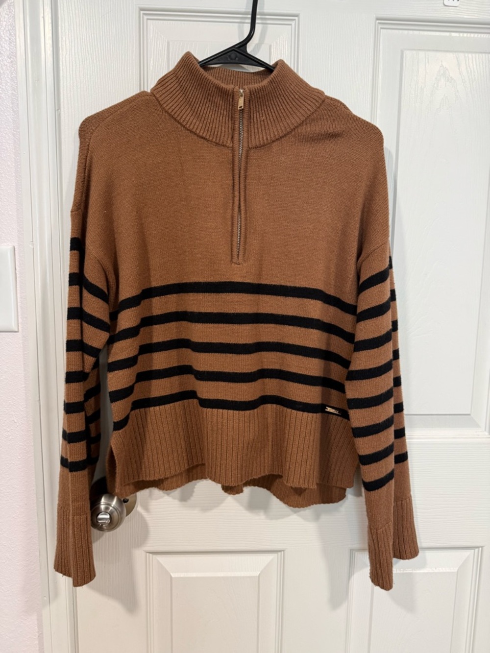 DKNY Brown Half-Zip Turtleneck with Black Stripes